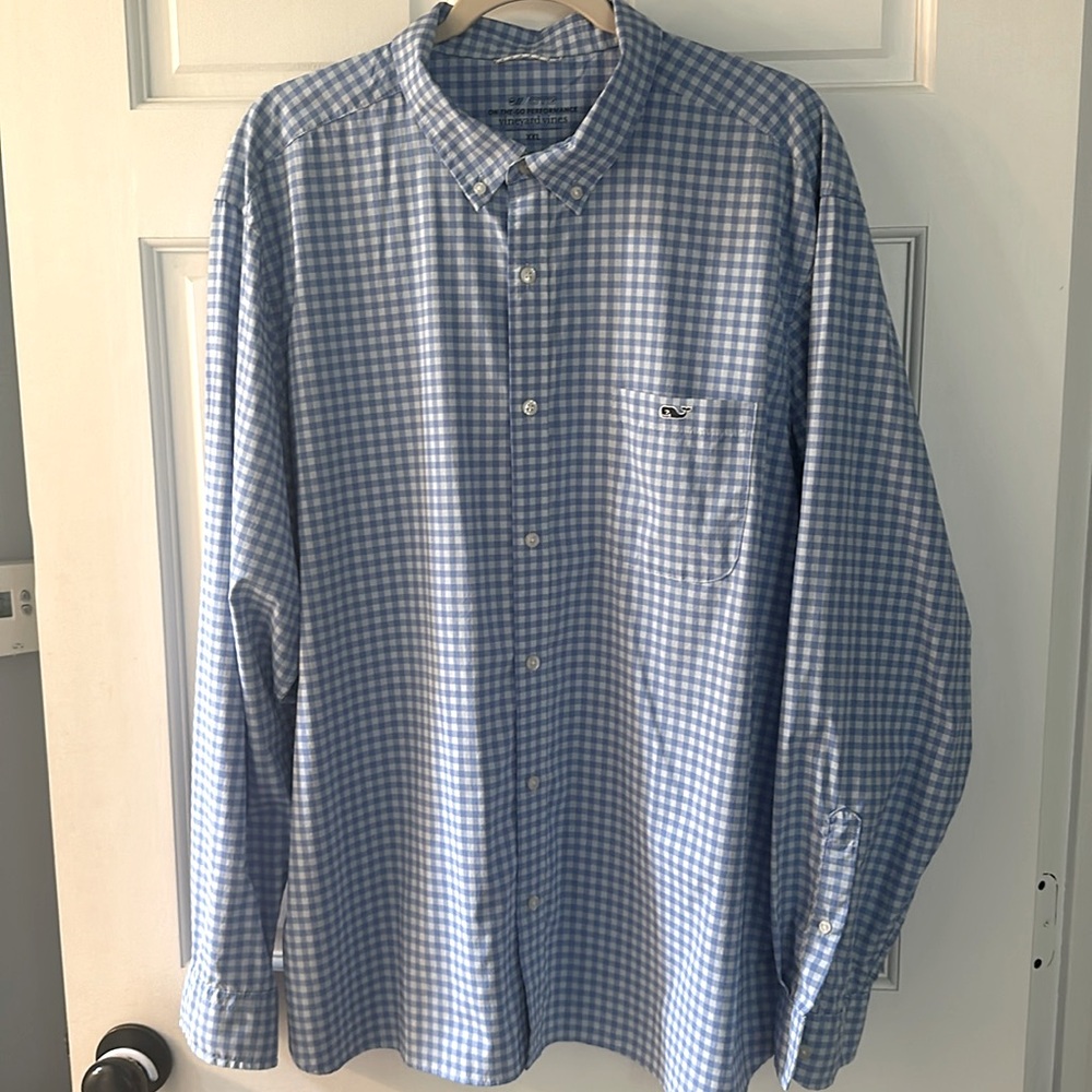 Vineyard Vines men’s baby blue/white gingham OTG performance shirt.XXL.